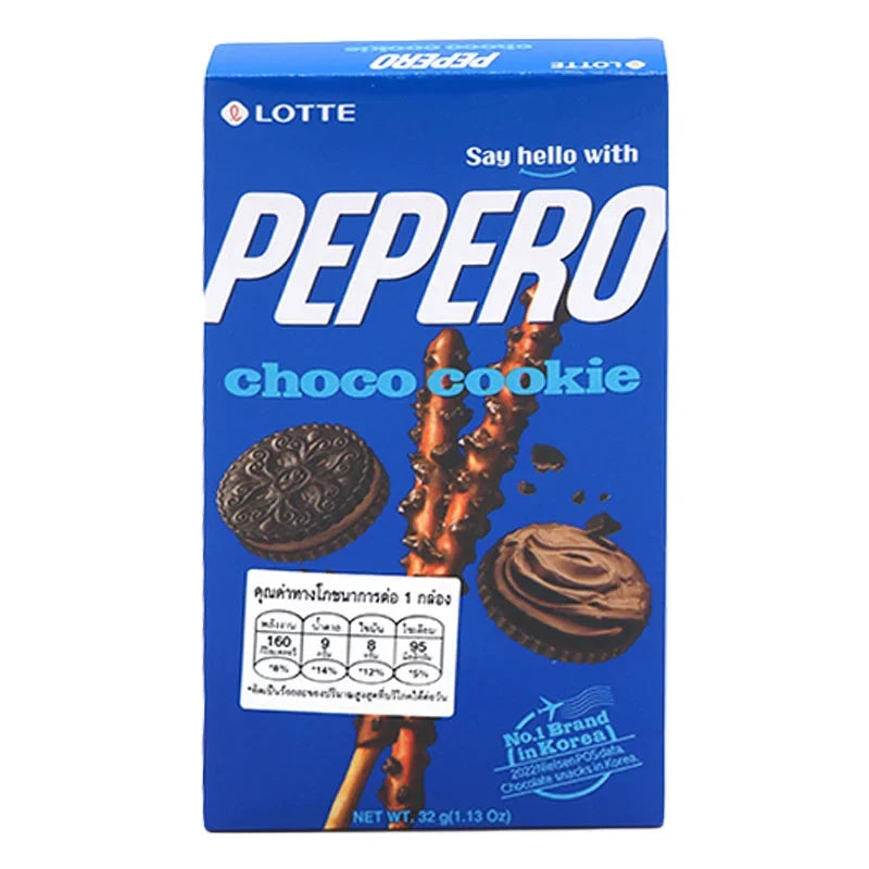Lotte Choco Cookie Biscuit Stick 32g, crispy snack with chocolate coating, in colorful packaging, part of Lotte's snack confectionery range.