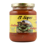 El Sapo Jalapeno Salsa jar, spicy green salsa with jalapenos and herbs, in a glass container for grocery shopping.