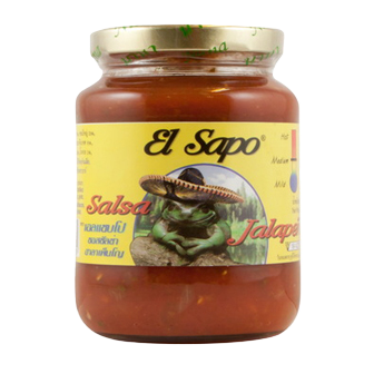 El Sapo Jalapeno Salsa jar, spicy green salsa with jalapenos and herbs, in a glass container for grocery shopping.