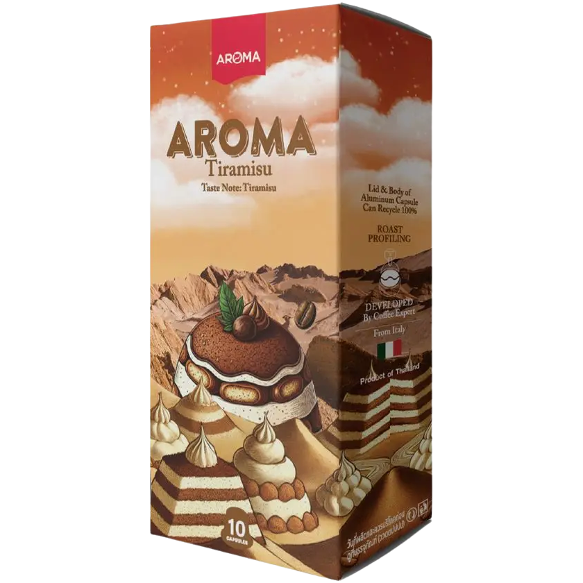Aroma Tiramisu coffee drink capsule shown in its packaging, designed for brewing aromatic tiramisu-flavored coffee.