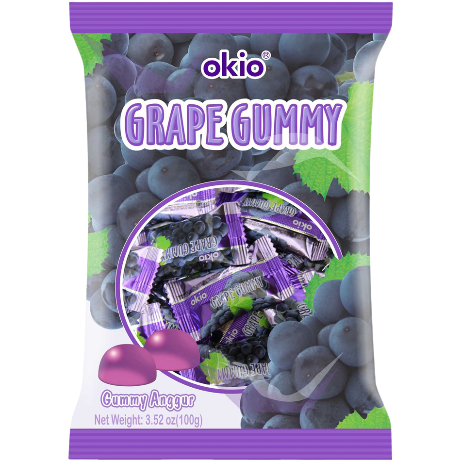 Okio grape flavor jelly confectionery snack in a clear container, showcasing the vibrant purple jelly inside.