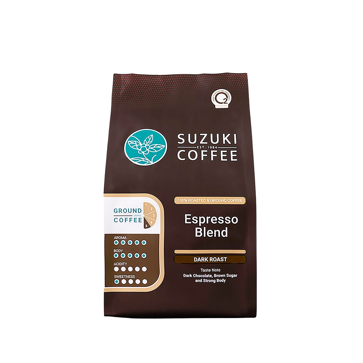 Suzuki Roast & Ground Espresso Blend Coffee in a bag, showcasing the rich, dark roasted coffee grounds for brewing.