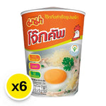 Mama Cup Jok Chicken 45g dry grocery product, six-pack of instant chicken flavor seasoning cups in a plastic container.