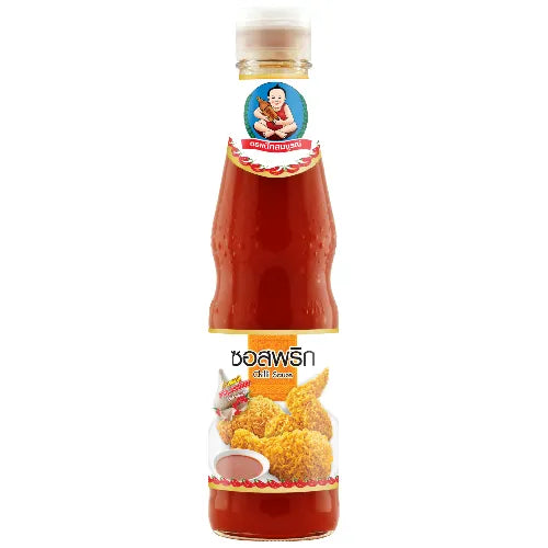 Deksomboon Chili Sauce 350g jar from dry grocery section, spicy Thai chili sauce with red chili peppers and flavorful ingredients