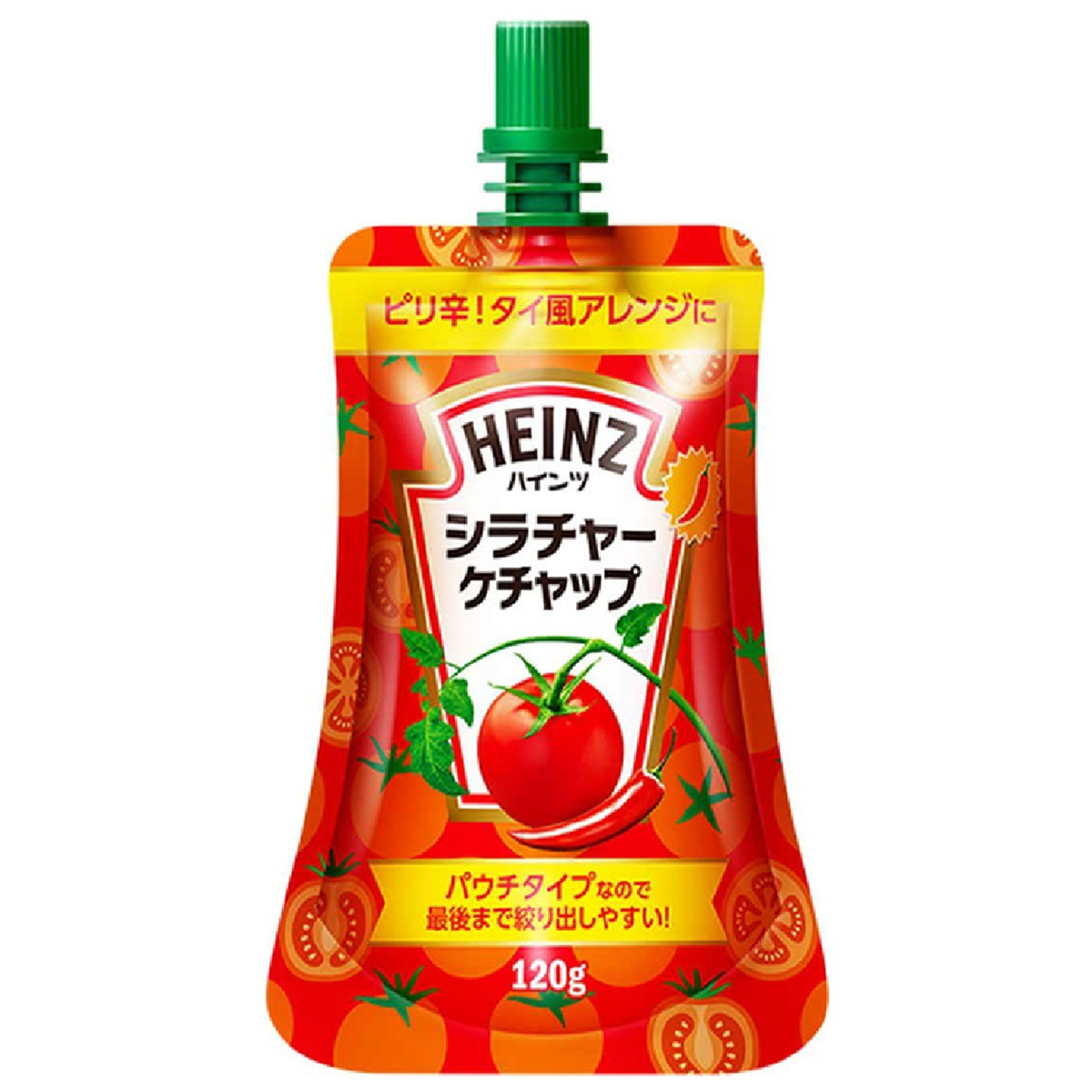Heinz Sriracha Ketchup Sauce bottle with red and green label, showcasing the spicy ketchup product in a grocery setting.