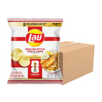 LAYS Classic English Fish N Chips snack, 100g pack, crispy fish and chip flavored confectionery, front view of the snack package.