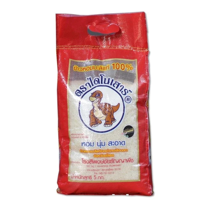 Dinosaur Rice Jasmine 5kg bag of dry rice with fluffy, fragrant jasmine rice grains in a clear image showing the product packaging