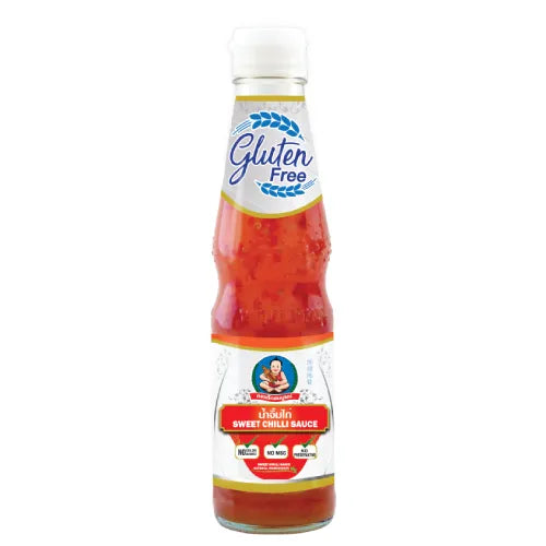 Deksomboon Sweet Chili Sauce gluten-free 350g bottle, showcasing the vibrant label and sauce inside. Perfect for dipping and cooking.