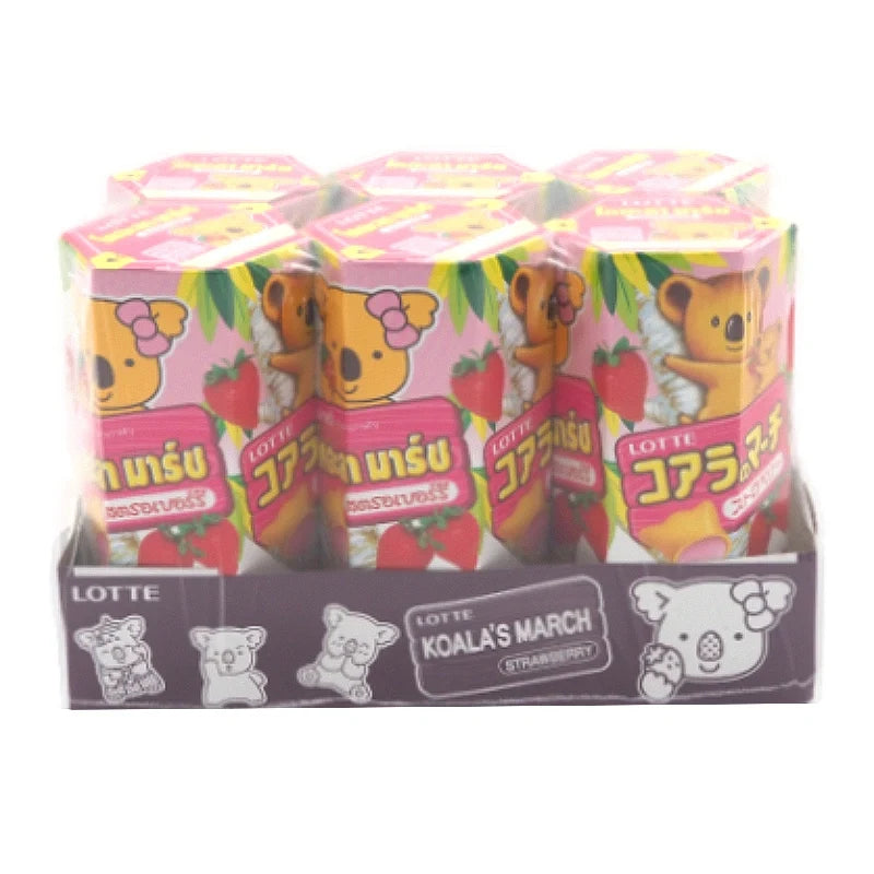 Koalas March Strawberry Biscuit pack with six 37g snack packs, featuring cute koala illustrations on the packaging.