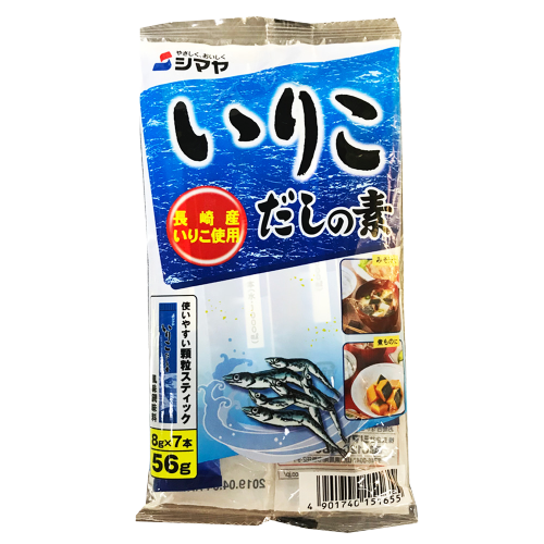 Shimaya Iriko Dashi Karyu Powder in a package, Japanese seafood-based dashi seasoning for cooking and soups.