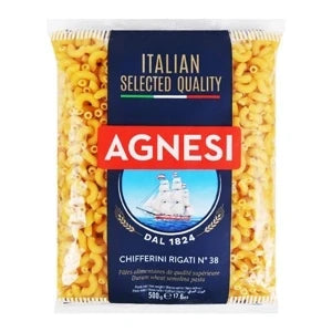 Agnesi Chifferini Rigati No.38 dry pasta in 500g pack, featuring ridged, twisted noodle shape from the Italian pasta brand Agnesi.