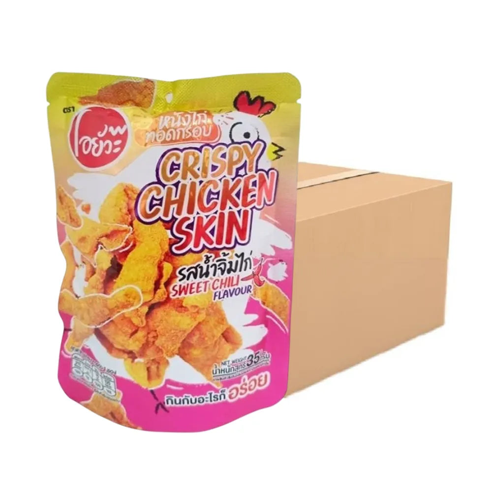 O-YUA Crispy Fried Chicken Skin Snacks with Tom Yum flavor, 35g, showcasing crunchy chicken skin with spicy and tangy seasoning.