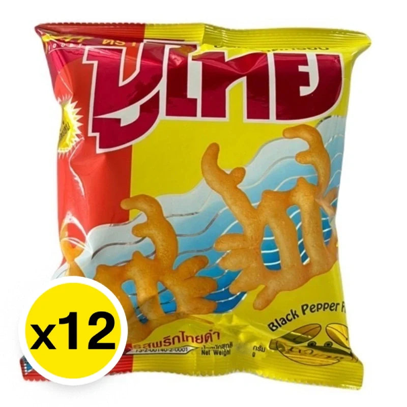 PU Thai Crispy Snack Black Pepper flavor, 12g x12 pack, savory Thai confectionery with crunchy texture and bold black pepper taste.
