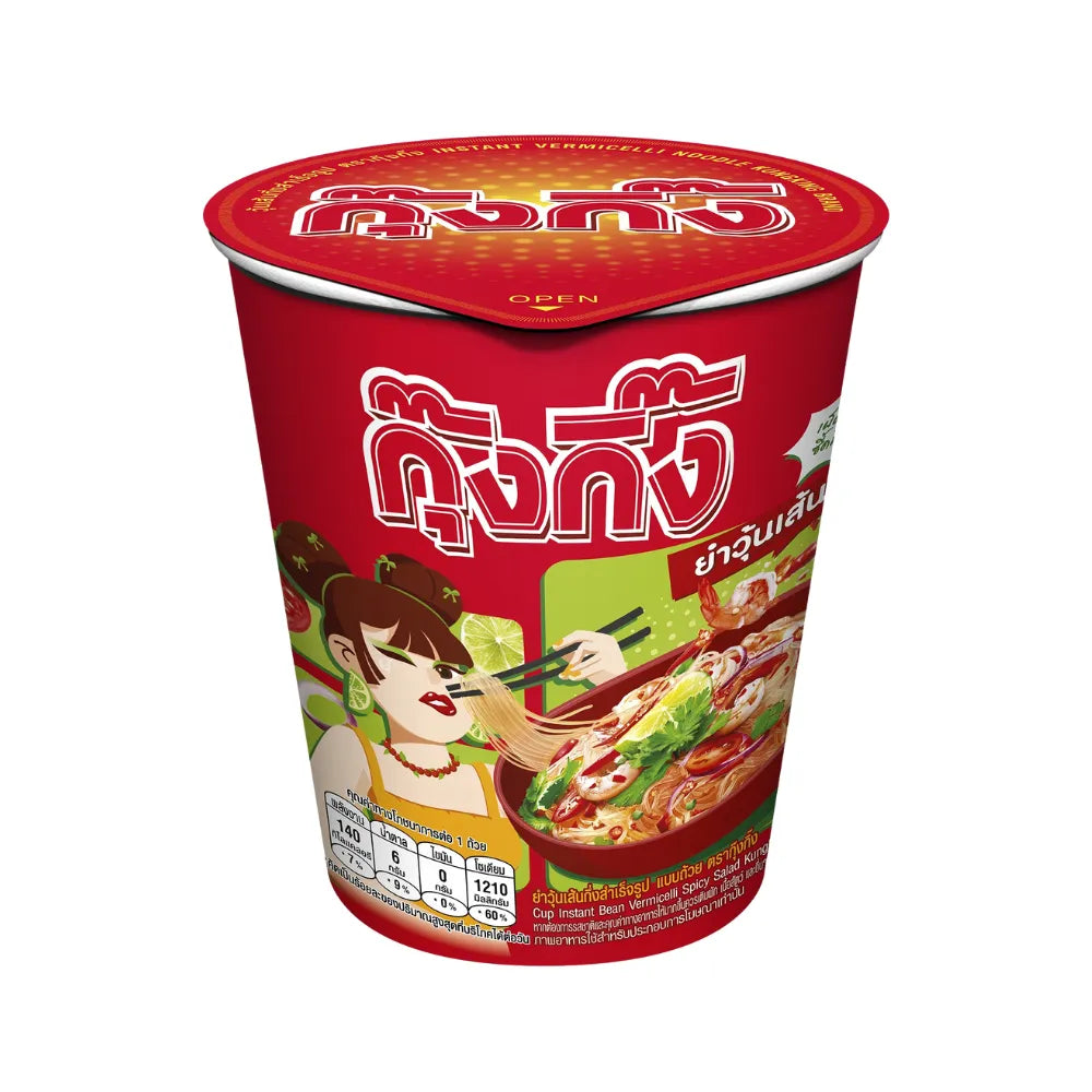 Kungking Instant Spicy Glass Noodle Salad Cup, 52g, featuring vibrant glass noodles and spicy seasoning in a dry grocery product.
