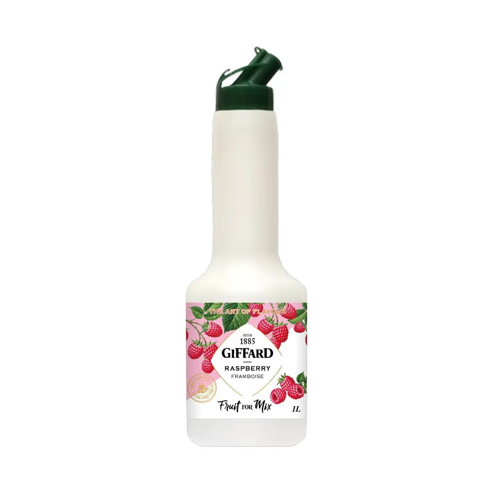 Giffard Fruit Mix Raspberry 1L bottle for baking and cocktails, in a clear plastic container with a red and white label.