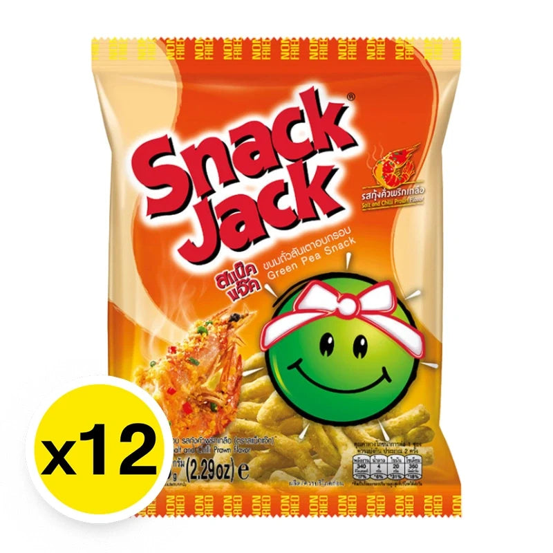 Snack Jack Green Pea Salt Chilli Prawn snack pack, 15g x12, crispy dry grocery snack with spicy chili and prawn flavor.