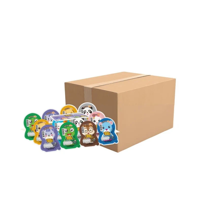 Choco Bizz Bis Oval Chocolate Snacks in animal pattern packs, 12g, showing colorful chocolate-coated biscuit treats in a pack.