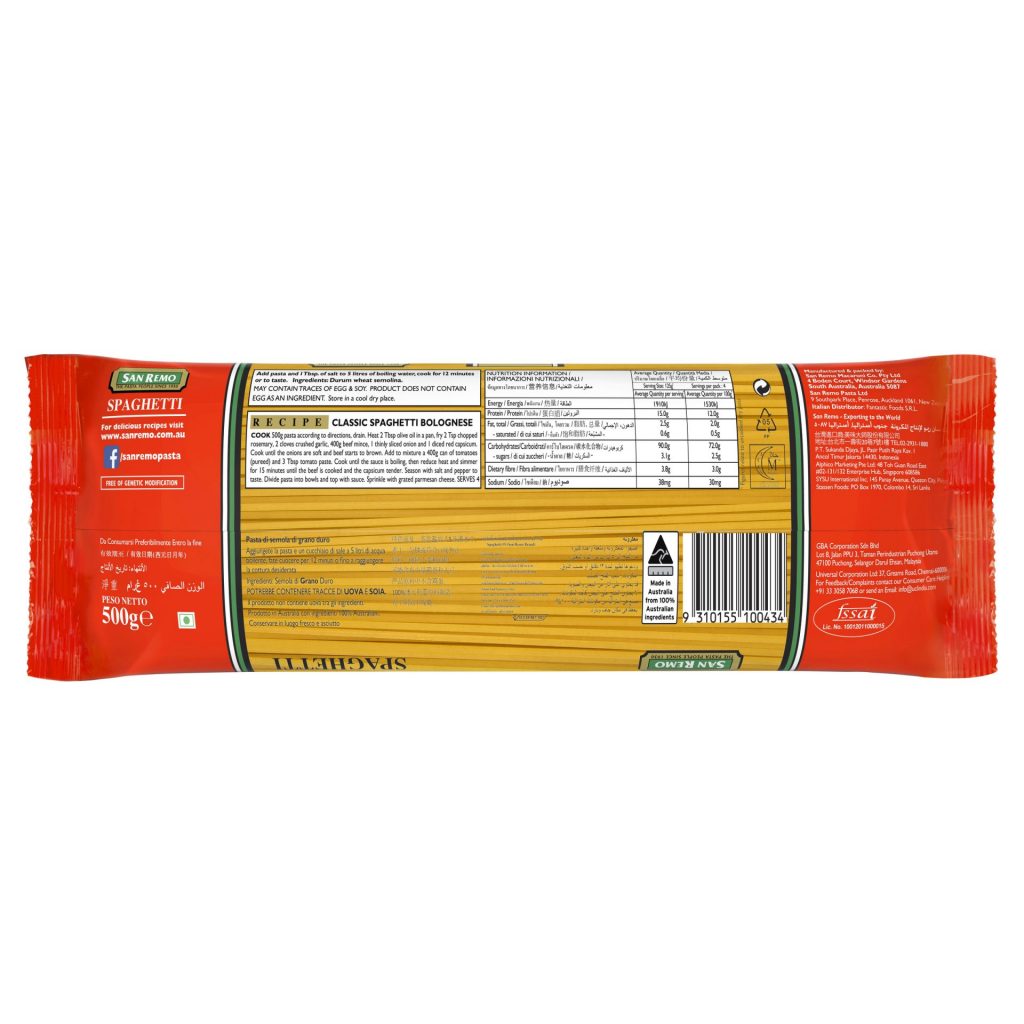 San Remo Spaghetti Pasta in a clear grocery package, showing long, thin pasta strands ready for cooking.