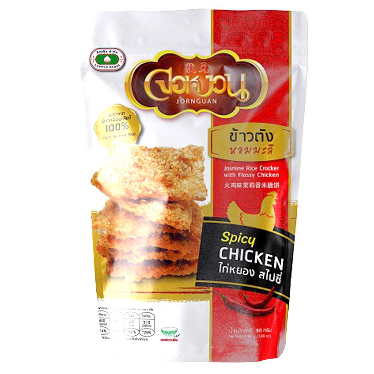 Jornguan rice cracker chicken floss confectionery snack with crispy rice crackers topped with savory chicken floss.