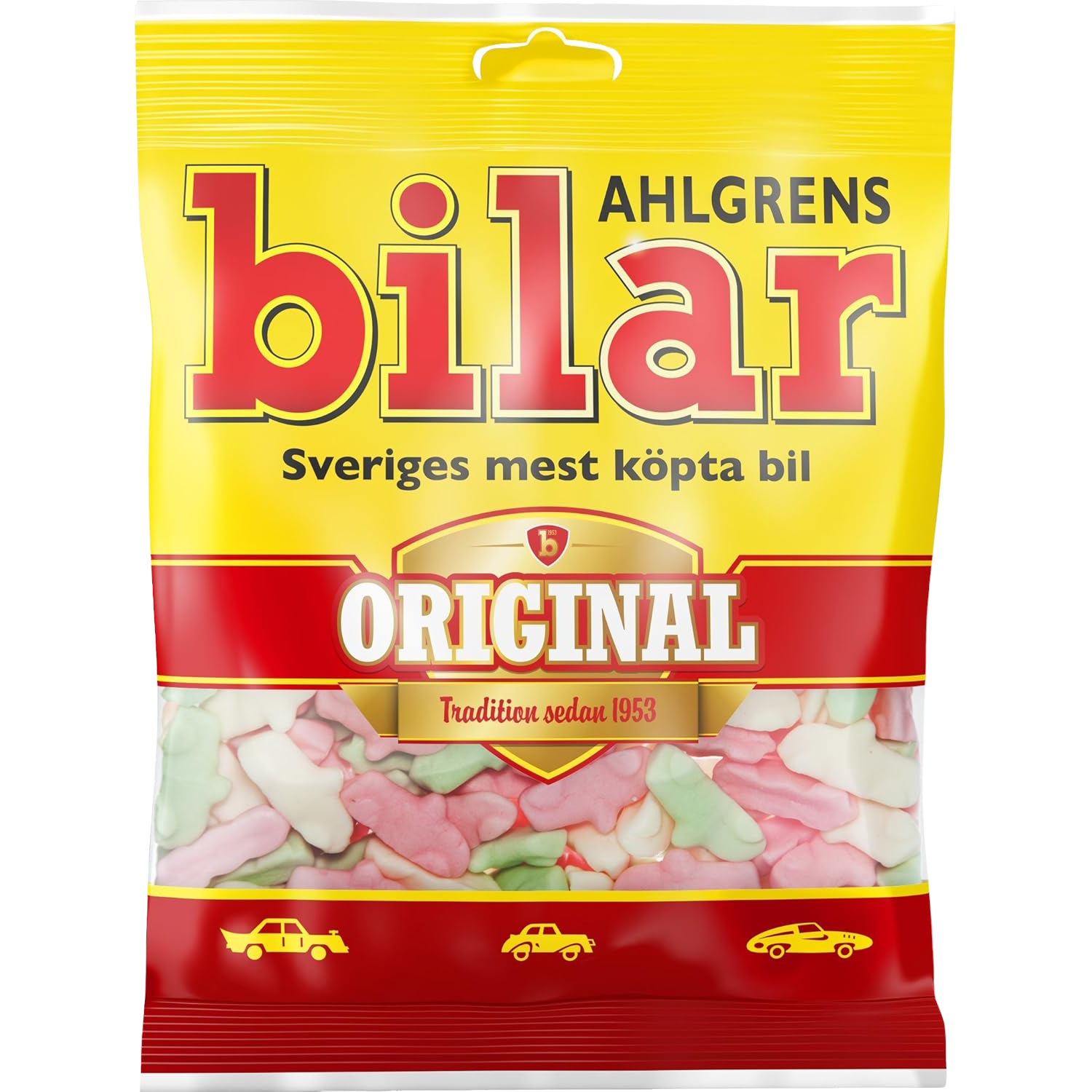 Ahlgrens Bilar Cars Original confectionery snacks in assorted car-shaped gummy candies, colorful and chewy treats.