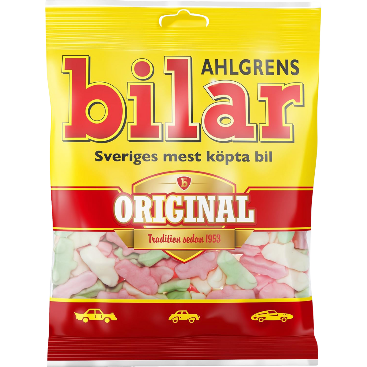 Ahlgrens Bilar Cars Original confectionery snacks in assorted car-shaped gummy candies, colorful and chewy treats.