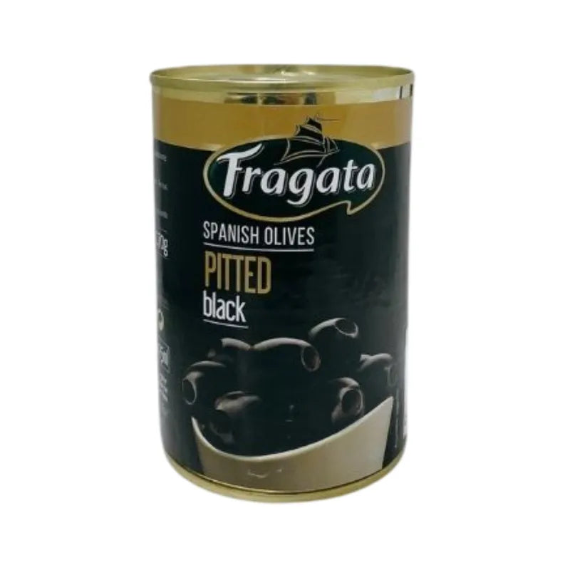 Fragata pitted black olives in 400g jar, showcasing glossy, ripe olives ready for cooking or snacking.
