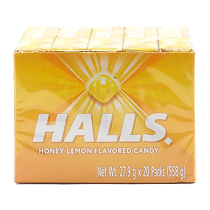 Halls Honey Lemon cough drops in a 20-piece package, soft lozenges from HALL'S for soothing relief.
