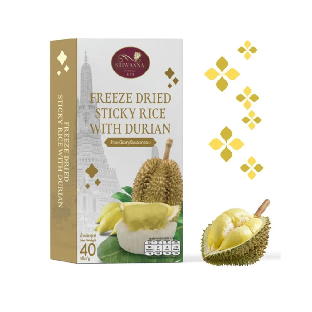 Sriwanna Freeze Dried Sticky Rice with Durian 40g in a clear package, showcasing the dried sticky rice and durian flavor.