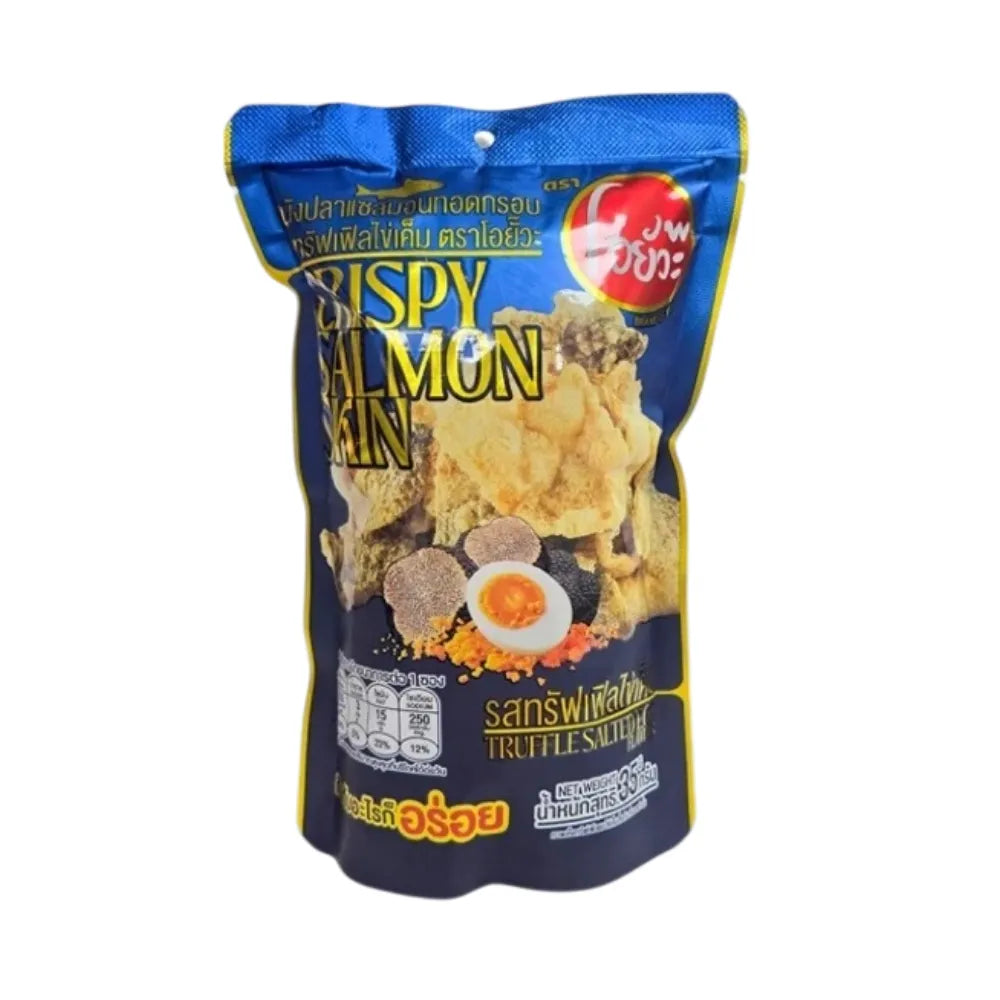 O-YUA Crispy Salmon Skin snack with truffle and salted egg flavor, showcasing golden-brown crispy salmon skin pieces.