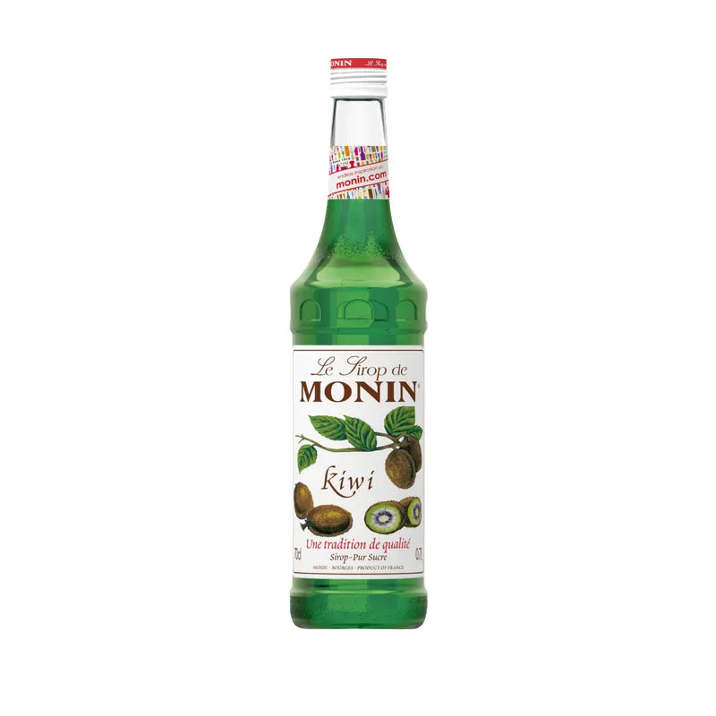 Bottle of MONIN Kiwi Syrup in 700ml size for dry grocery use, featuring vibrant green kiwi flavor and branding on the label.