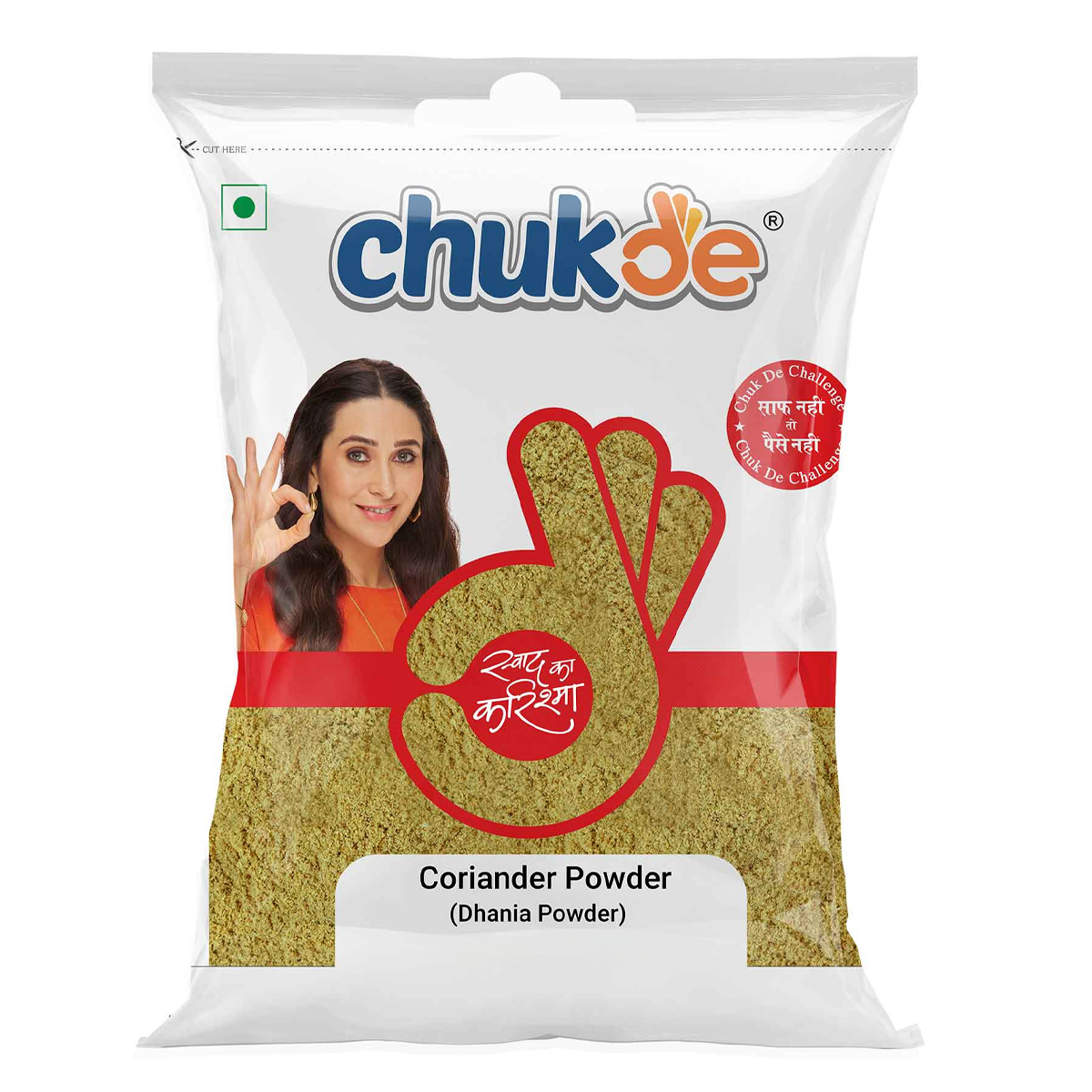 Chuk-De coriander powder in a spice jar, used for cooking and flavoring in various recipes, grocery product from Chuk-De brand.