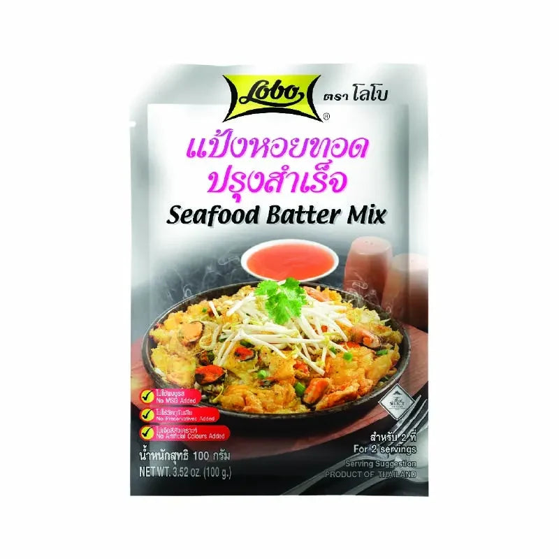Lobo Fried Oyster Flour 100g in a resealable package, ideal for coating seafood in dry grocery cooking ingredients.