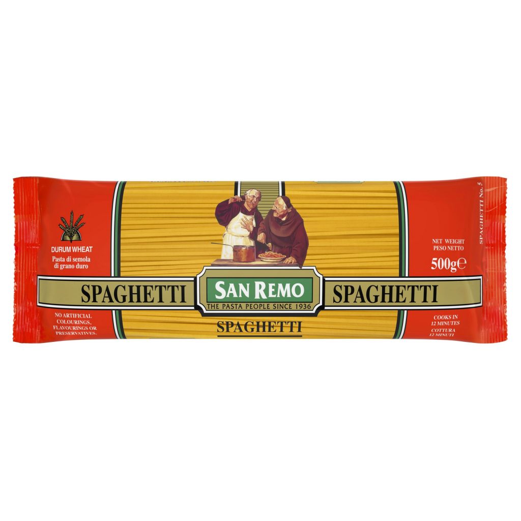 San Remo Spaghetti pasta in a grocery package, showcasing long, thin wheat pasta noodles ready for cooking.