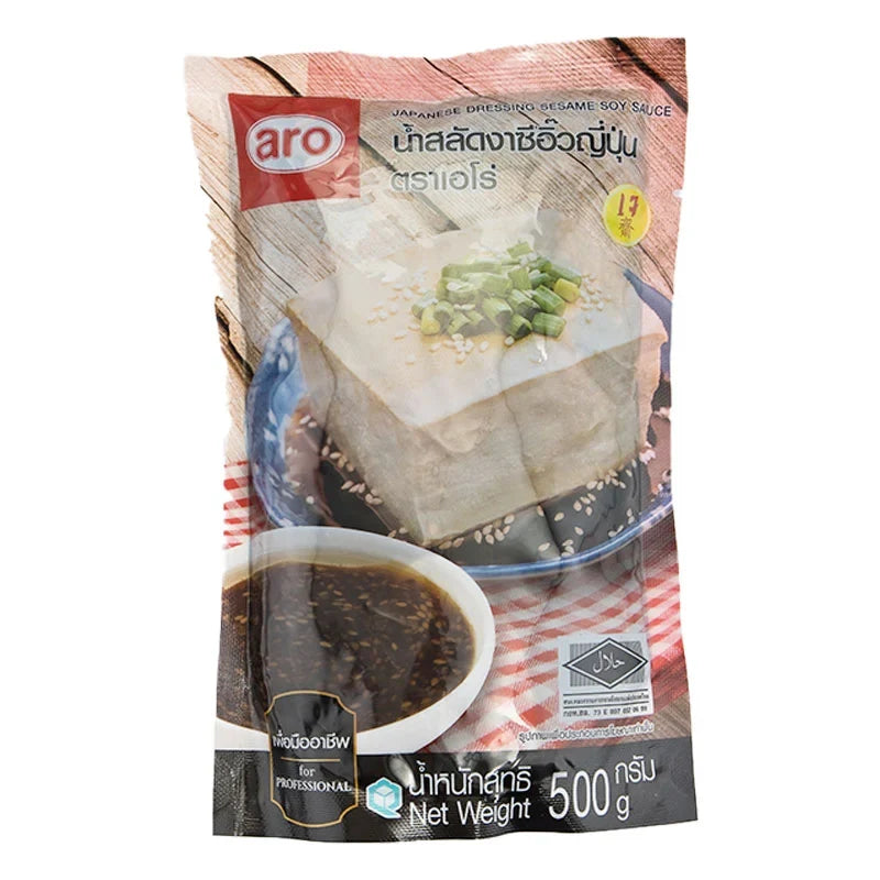 ARO Japanese Dressing Sesame Soy Sauce 500g bottle, containing rich sesame and soy ingredients for Asian cuisine.