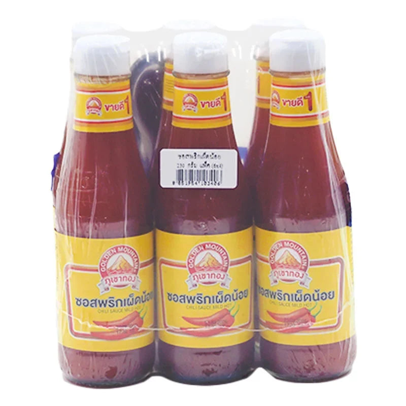 Golden Mountain Chili Sauce 230g bottle, part of a 6-pack, showcasing the spicy, flavorful Asian condiment in clear plastic packaging.