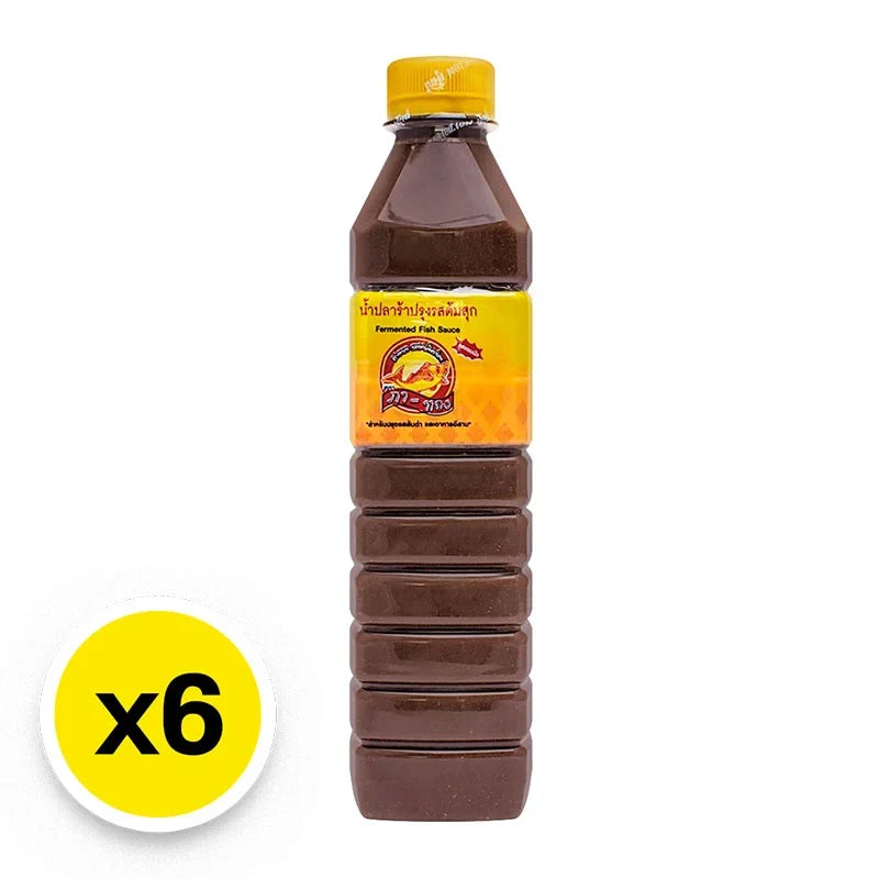 Pa-thong Patong fermented fish sauce 1.5L bottles, six-pack, in clear bottles showing dark fish sauce for cooking and flavoring.