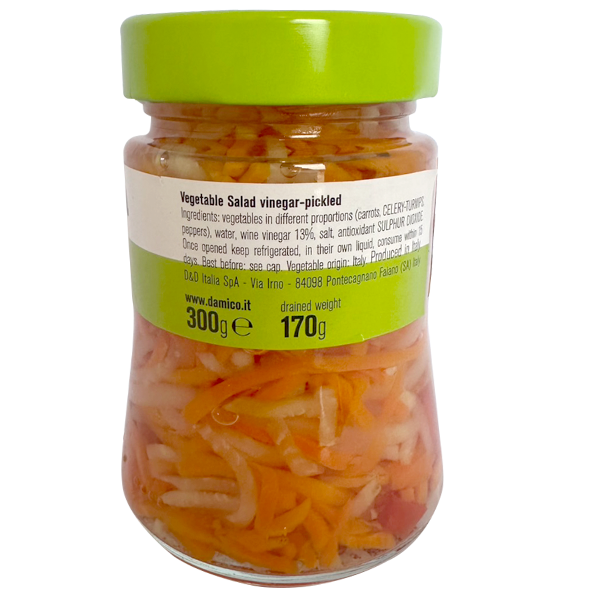 Bottle of D'Amico Vegetable Salad Vinegar with a clear label, shown in a grocery store setting.