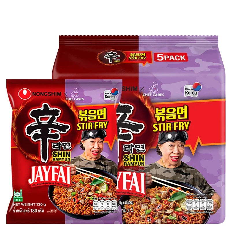 NONGSHIM Shin Ramyun Jayfai Stir Fry instant noodles in a 130g package, displayed in a pack of five, dry grocery product