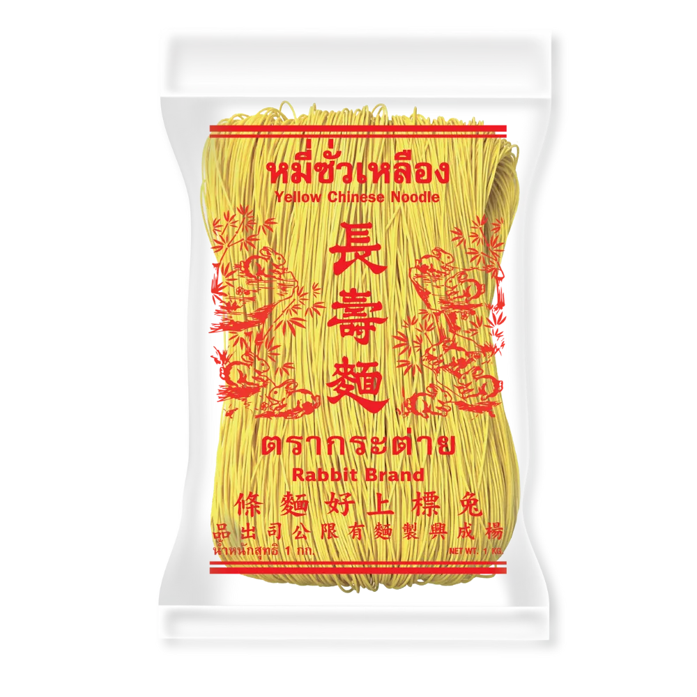 Dry Rabbit Brand Yellow Chinese Noodles 1kg package, showcasing the vibrant yellow noodles in a clear bag.