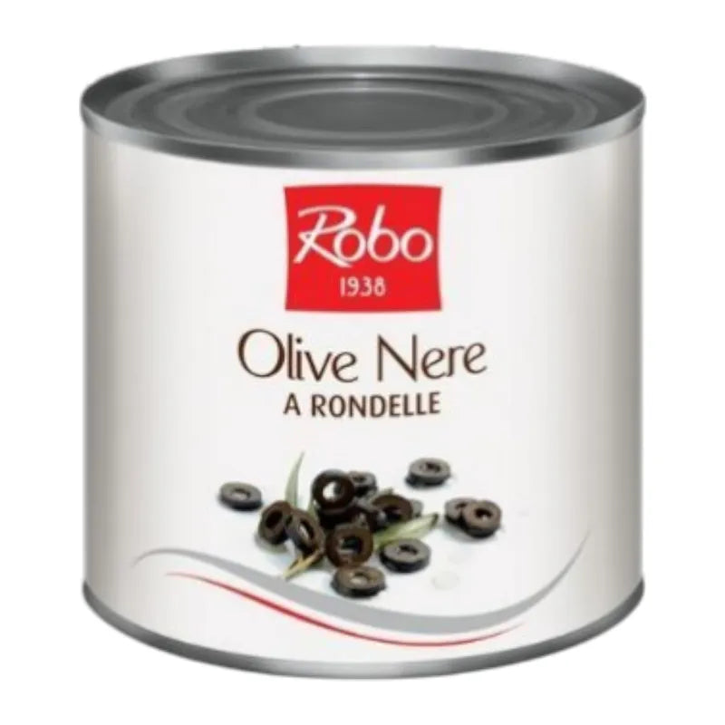 Robo Slice Black Olives in 2.4kg pack, dry grocery product, featuring sliced black olives in a clear container.