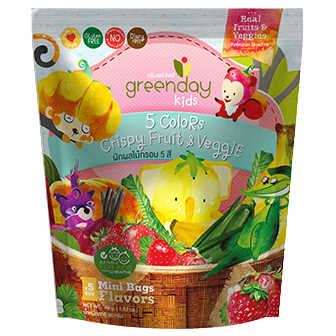 Greenday 5 Colors Crispy Fruit and Veg confectionery snacks with colorful fruit and vegetable shapes in a clear bag.