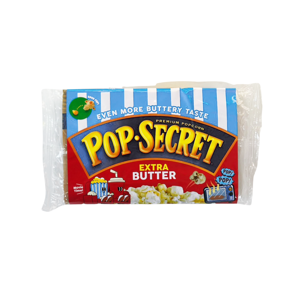 A bowl of Pop Secret Secret Movie Theater Popcorn with buttery, salted popcorn pieces in a clear bowl.
