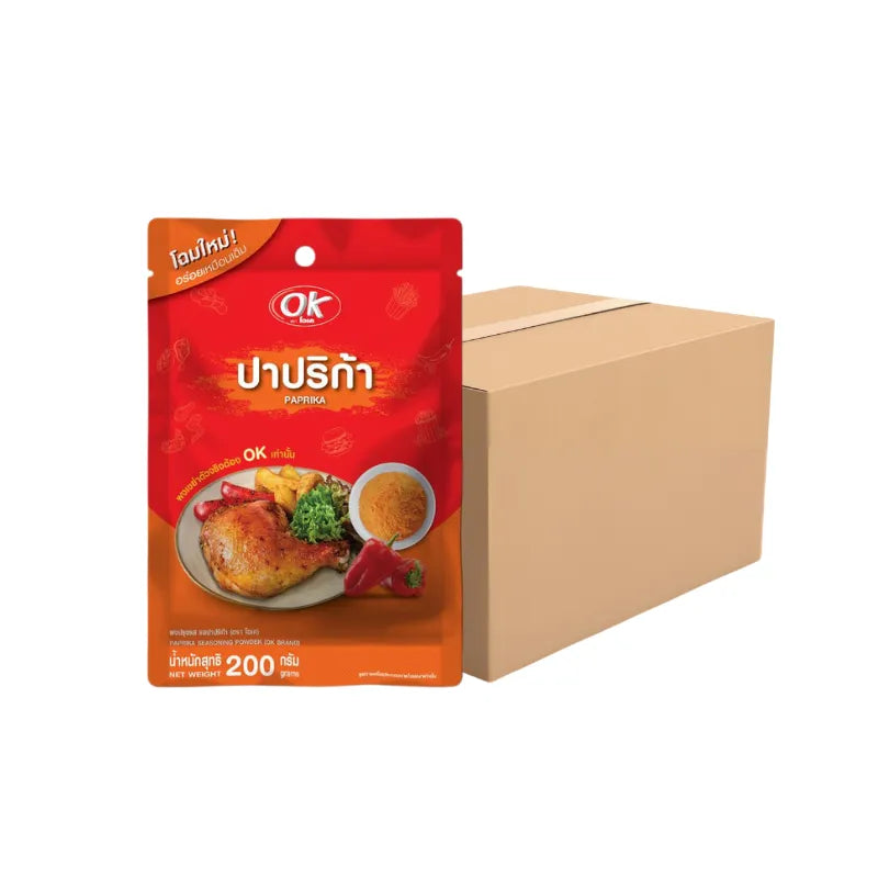 OK Shaking Powder Paprika flavor 200g, dry grocery seasoning with vibrant red paprika powder in a clear container.