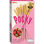 Glico Pocky Strawberry confectionery snacks featuring chocolate-coated biscuit sticks with strawberry-flavored coating.