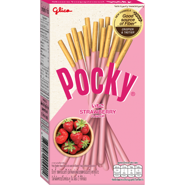 Glico Pocky Strawberry confectionery snacks featuring chocolate-coated biscuit sticks with strawberry-flavored coating.