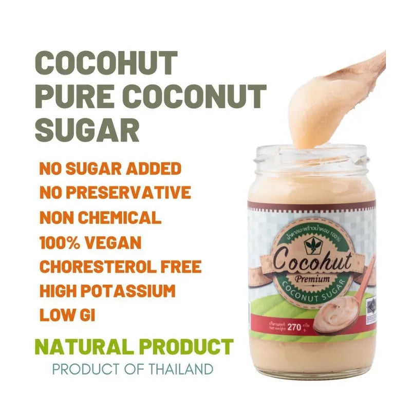 Cocohut Pure Coconut Flower Sugar 270g jar, natural dry grocery product with golden coconut flower sugar crystals.