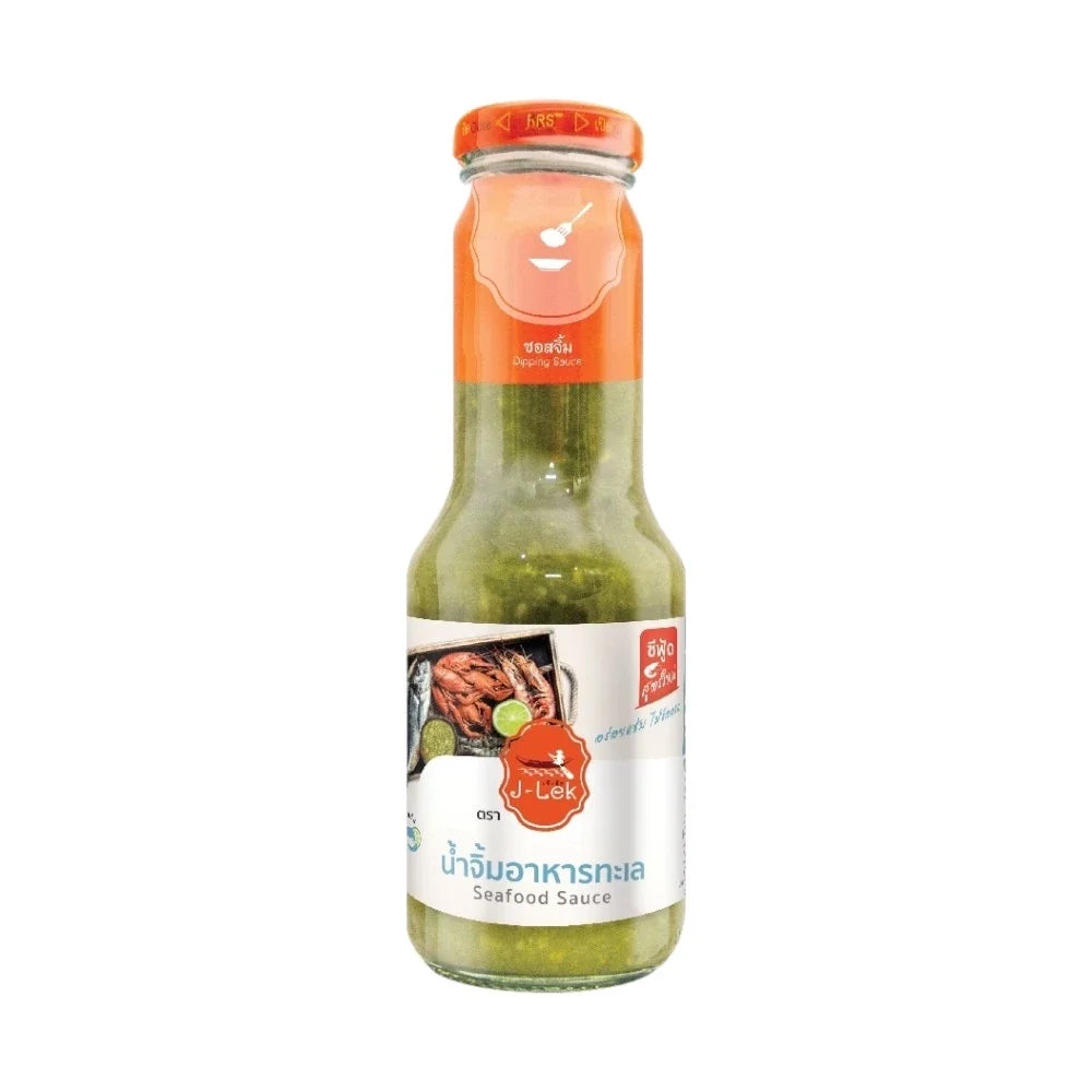 J-LEK Jae Lek Seafood Sauce in a glass bottle, 345g, ready for cooking or dipping in dry grocery section.
