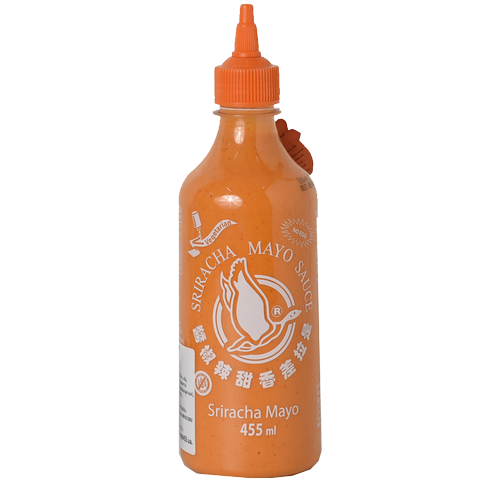 Flying Goose Sriracha Mayo sauce bottle with spicy orange Sriracha and creamy mayonnaise, perfect for sandwiches and dipping.