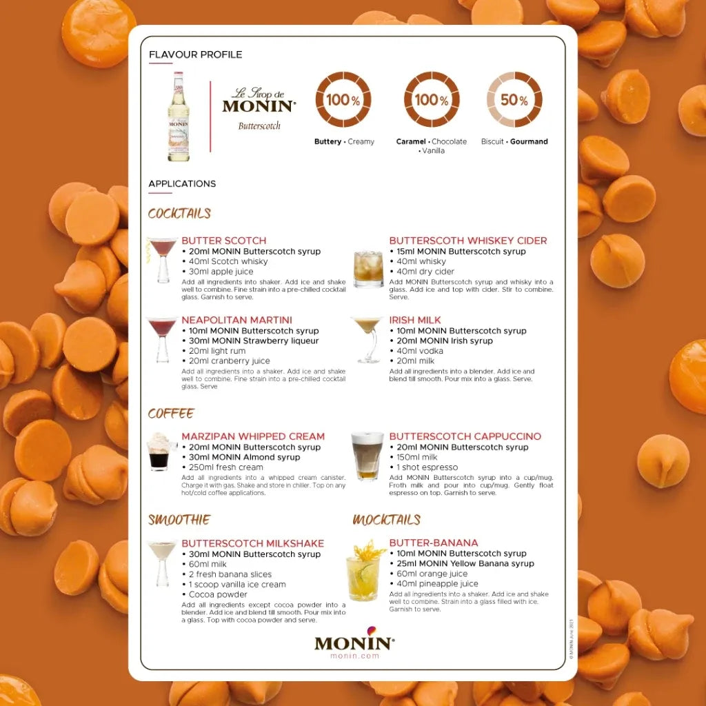 Bottle of MONIN Butterscotch Syrup 700ml for coffee, desserts, and beverages in a clear plastic bottle with a label.
