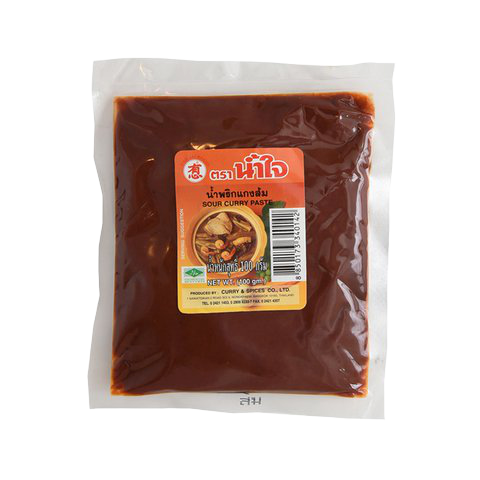 Nam Jai Sour Curry Paste jar from Nam Jai, featuring vibrant label and the paste inside, used for flavorful Thai sour curries.
